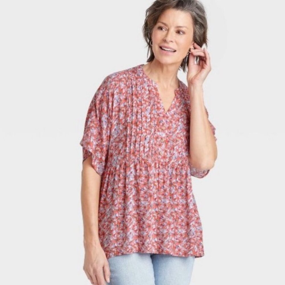 Knox Rose Rebel Red Floral Pintuck Peasant Blouse Size L Boho Top NWT - Picture 3 of 11